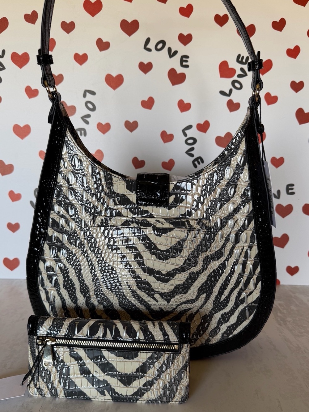 Zebra-Print Croc-Embossed Shoulder Bag with Matching Wallet - Black & Cream - Picture 10 of 12